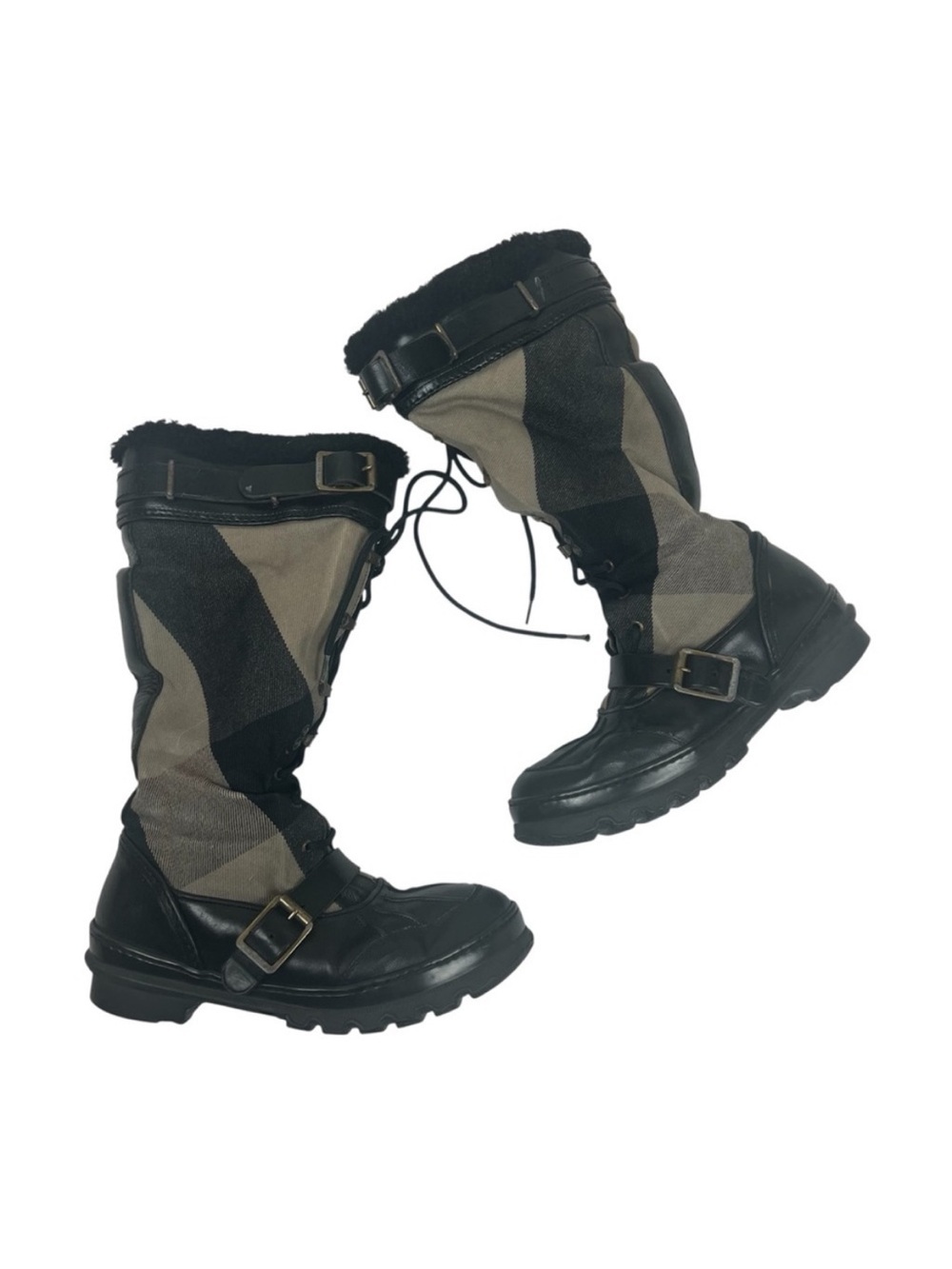 Burberry Black Leather & Brown/Red Mega Check Canvas Lace-Up Fur-Lined Boots